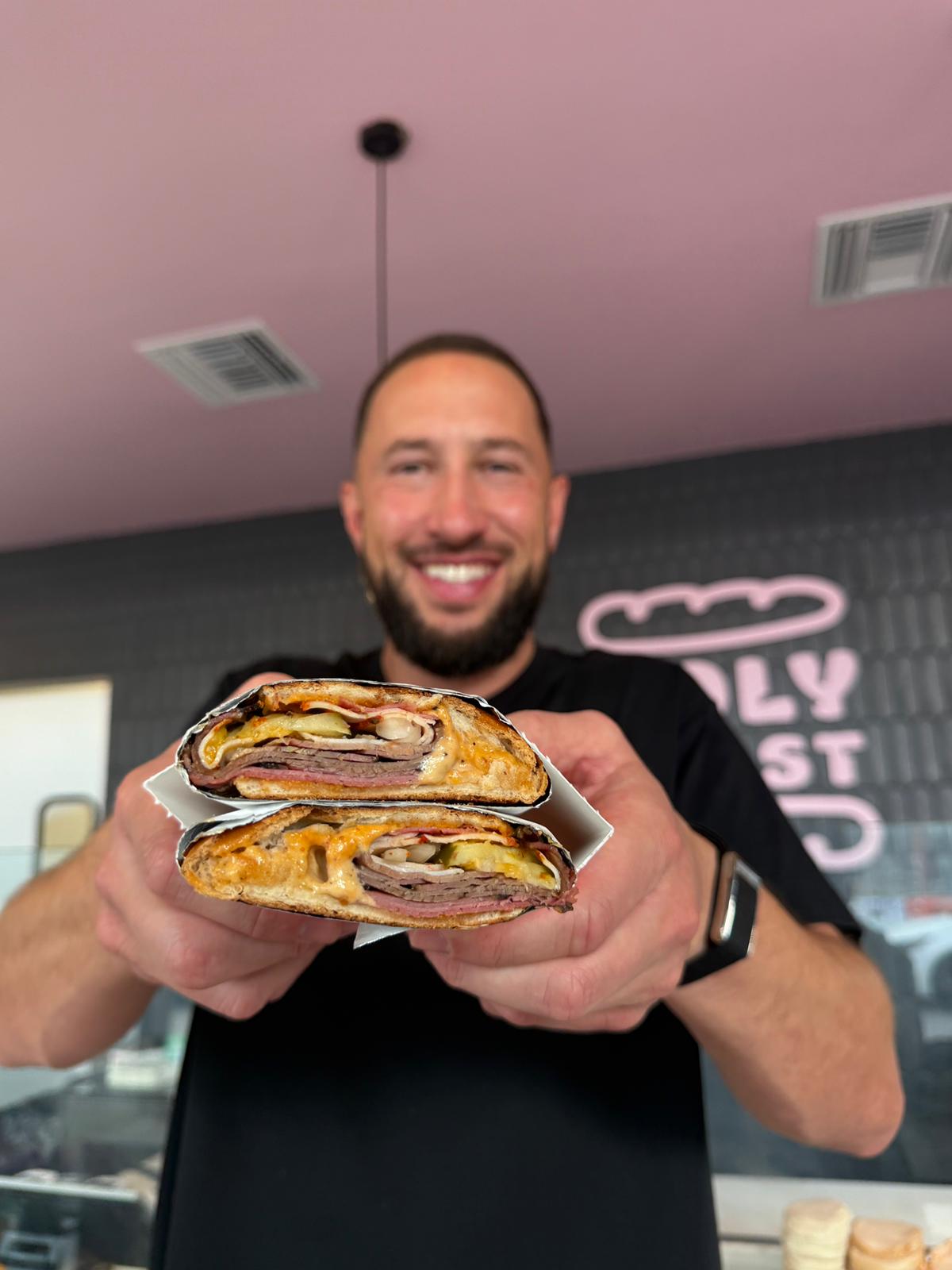 Holy Toast pressed sandwich stacked and ready to eat