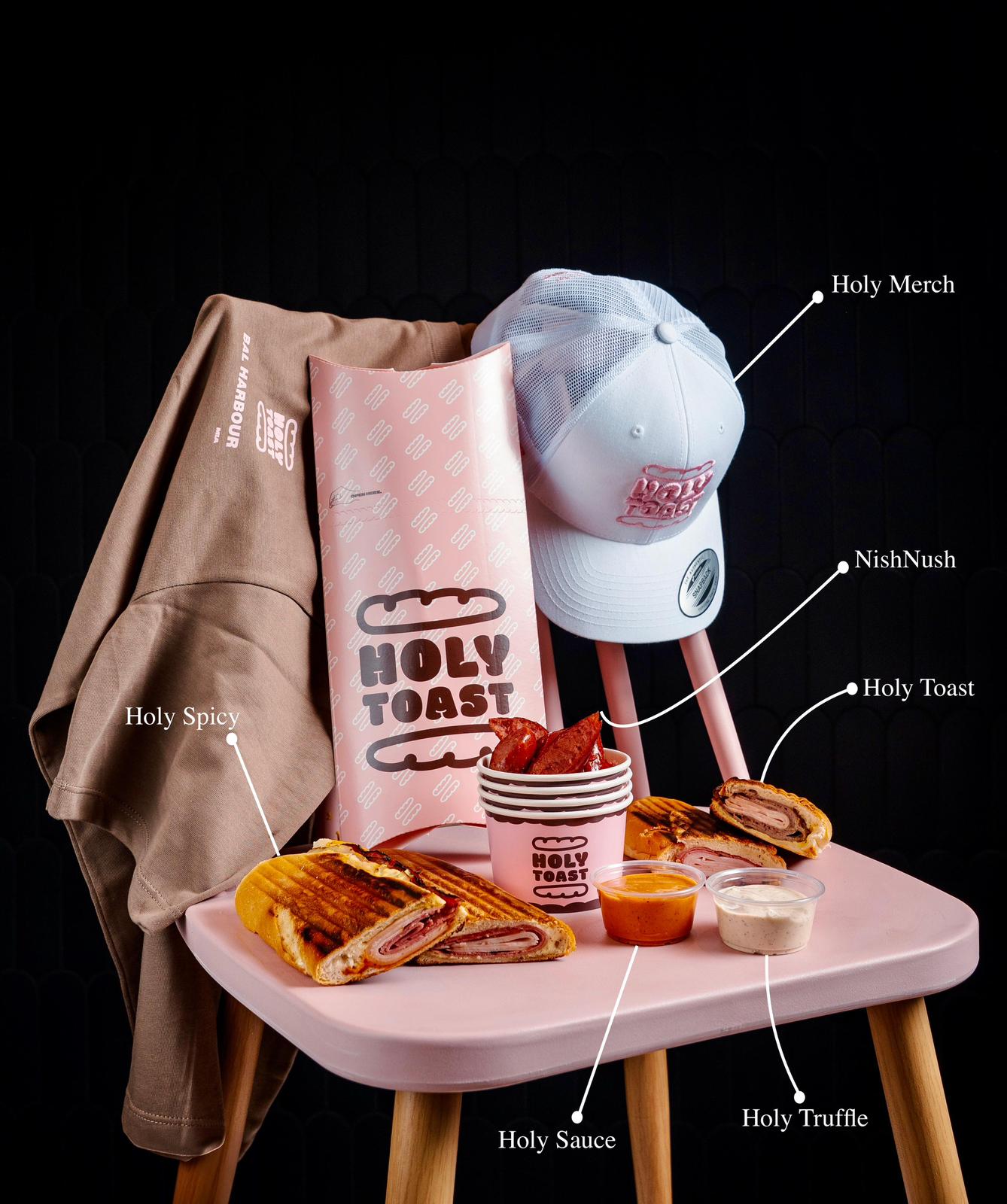 Holy Toast lineup featuring Holy Spicy, Holy Toast, Holy Truffle, NishNush, Holy Sauce, and Holy Merch